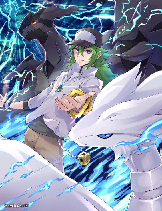 1boy baseball_cap black_undershirt blue_fire blue_sclera claws colored_sclera dragon electricity fire gen_5_pokemon hat legendary_pokemon looking_at_viewer male_focus mitsukoshi_haruha n_(pokemon) nintendo parted_lips pokemon pokemon_(creature) pokemon_bw red_sclera reshiram shirt white_shirt zekrom
