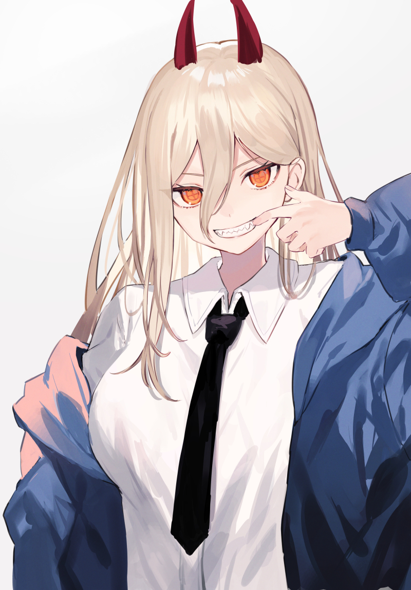 1girl black_necktie blonde_hair blue_jacket breasts chainsaw_man collared_shirt commentary_request grin hair_between_eyes hand_up horns jacket large_breasts long_sleeves necktie open_clothes open_jacket orange_eyes power_(chainsaw_man) red_horns sharp_teeth shirt shugao simple_background smile solo teeth upper_body white_background white_shirt
