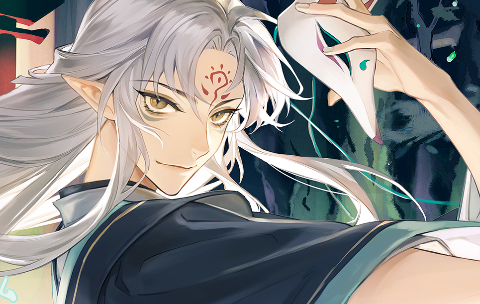 1boy bishounen closed_mouth facial_mark forehead_mark fox_mask grey_hair holding holding_mask japanese_clothes long_hair looking_at_viewer male_focus mask onmyoji pointy_ears ru_(famia) smile solo unworn_mask upper_body white_hair yellow_eyes youko_(onmyoji)