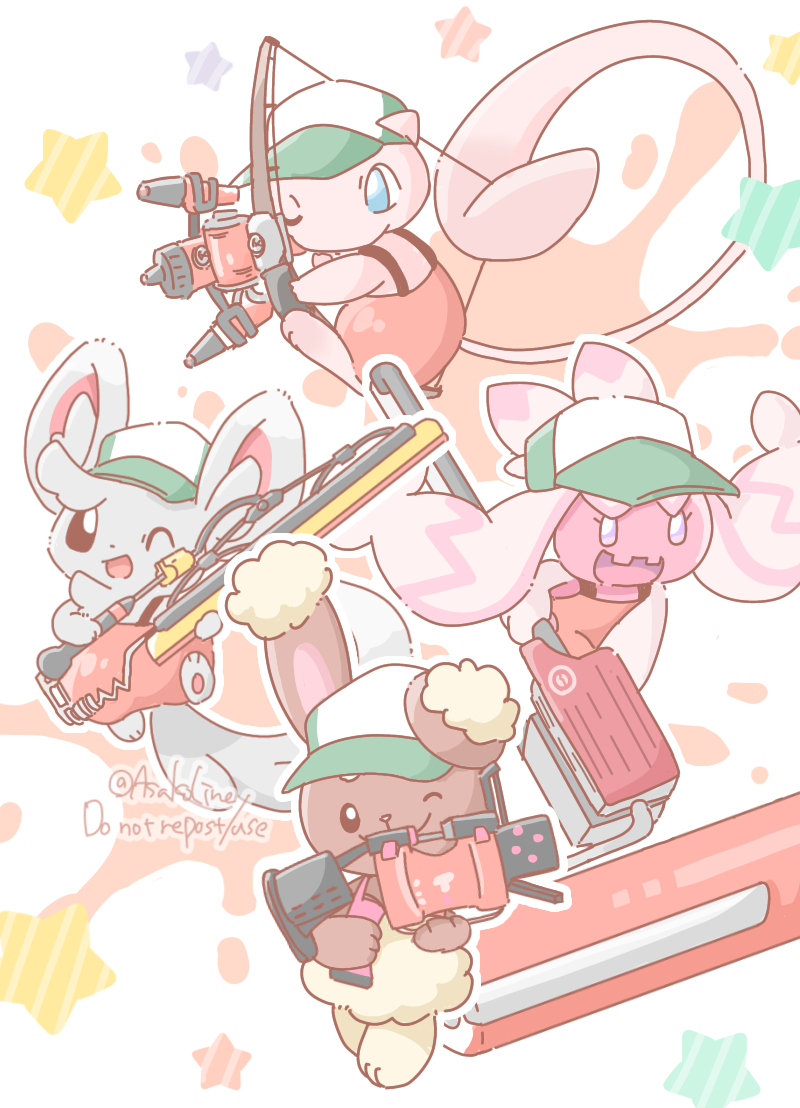 .52_gal_(splatoon) animal_focus artist_name asakoline baseball_cap black_eyes blue_eyes bow_(weapon) brown_fur buneary colored_skin commentary_request eyelashes flingza_roller_(splatoon) game_freak gen_1_pokemon gen_4_pokemon gen_5_pokemon green_headwear grey_fur gun hat holding holding_bow_(weapon) holding_gun holding_sword holding_weapon legendary_pokemon mew_(pokemon) minccino mythical_pokemon nintendo no_humans one_eye_closed open_mouth pink_skin pokemon pokemon_(creature) rabbit salmon_run_(splatoon) smile solid_oval_eyes splatana_wiper_(splatoon) splatoon_(series) splatoon_3 star_(symbol) sword tail tinkaton tri-stringer_(splatoon) weapon white_background