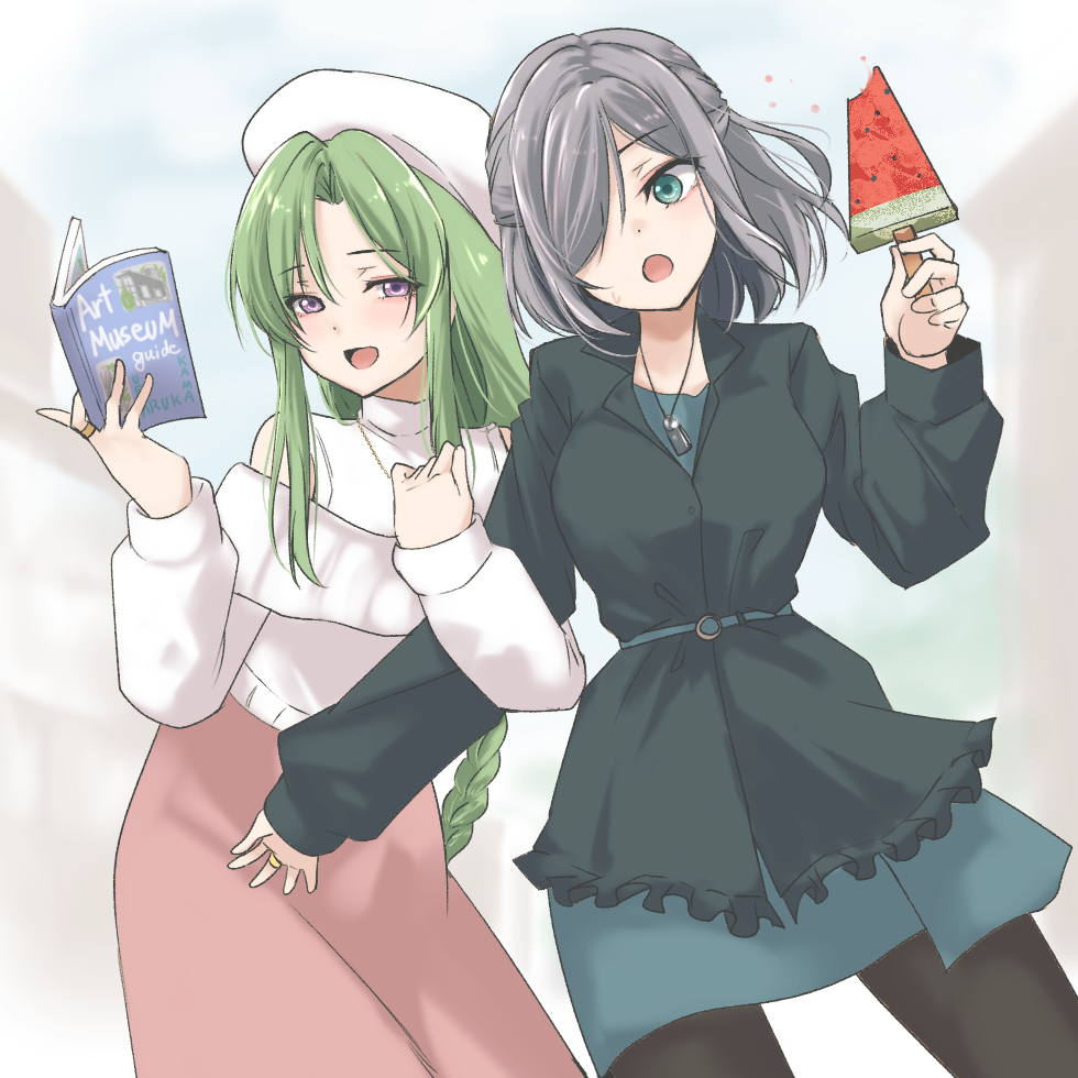 2girls :d aqua_belt aqua_dress aqua_eyes arm_hug assault_lily belt beret black_jacket black_pantyhose blurry blurry_background book braid breasts building cloud cloudy_sky commentary_request cowboy_shot day dog_tags dress food food_bite frilled_jacket frills green_hair grey_hair hair_over_one_eye half_updo hand_up hands_up hat high-waist_skirt holding holding_book holding_food holding_popsicle jacket jewelry long_hair long_sleeves looking_at_another looking_at_object looking_to_the_side low-braided_long_hair low-tied_long_hair medium_breasts medium_hair multiple_girls murakami_tokiwa necklace o-ring o-ring_belt off-shoulder_sweater off_shoulder one_eye_covered open_book open_mouth outdoors pantyhose parted_bangs popsicle purple_eyes ring sekino_youko shirt sidelocks sideways_glance single_braid skirt sky sleeveless sleeveless_shirt smile standing sweatdrop sweater urutsu_sahari very_long_hair watermelon_bar white_hat white_shirt white_sweater yuri