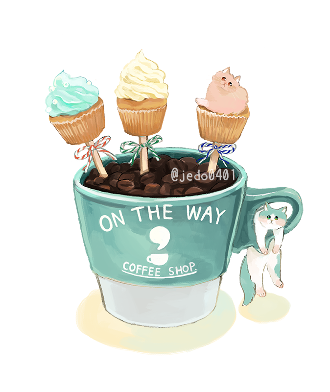 animal blue_ribbon cat cat_day coffee_beans coffee_mug cream cup cupcake english_text fluffy food food_focus green_ribbon hakuchizu logo mug no_humans orange_ribbon original pink_fur ribbon simple_background stick striped_ribbon twitter_username two-tone_ribbon undersized_animal white_background white_ribbon