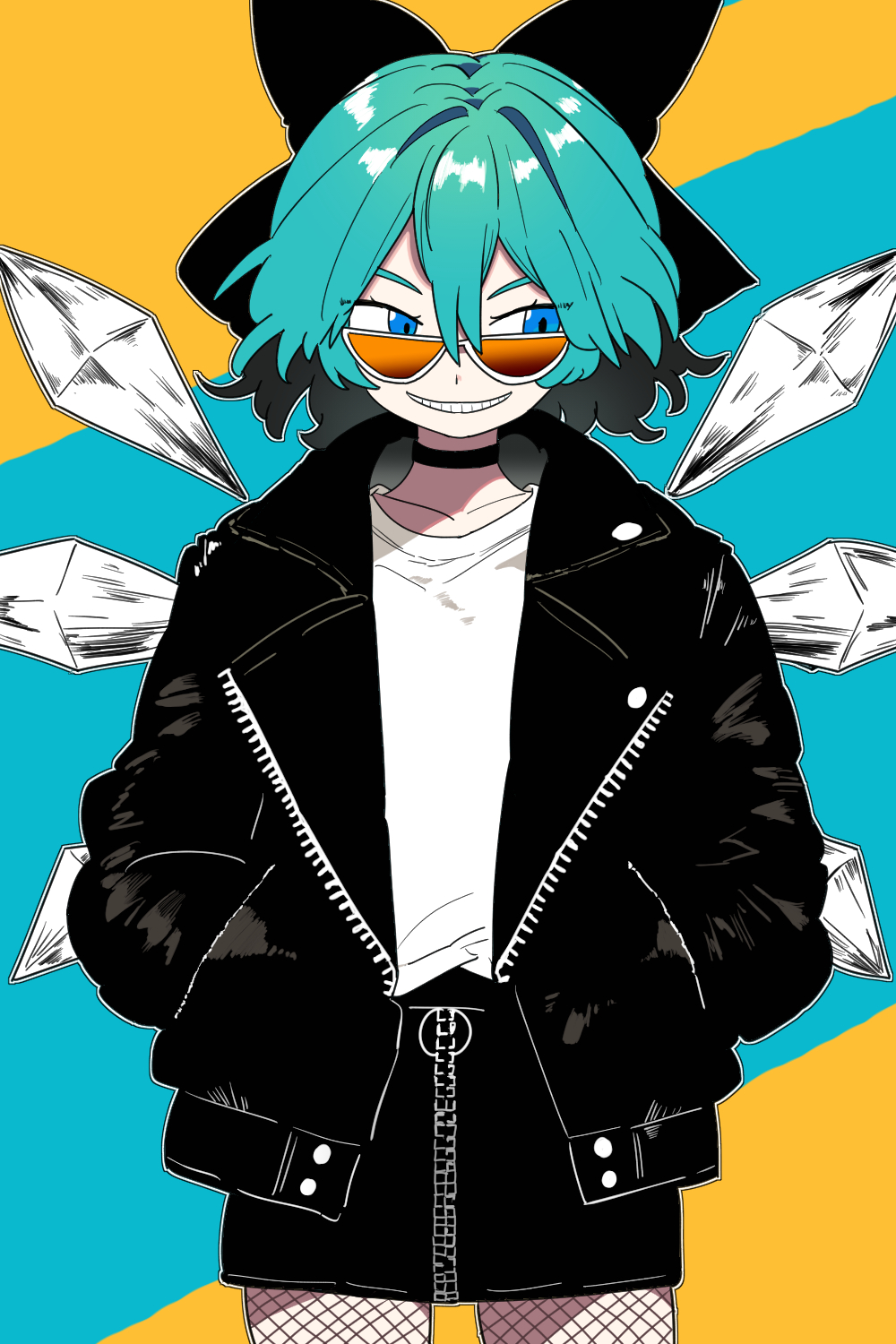1girl alternate_costume black_bow black_choker black_jacket black_skirt blue_bow blue_eyes bollzzalguy bow choker cirno collarbone commentary cowboy_shot fishnet_pantyhose fishnets hair_bow hands_in_pockets highres ice ice_wings jacket looking_at_viewer looking_to_the_side pantyhose shirt skirt solo sunglasses touhou two-tone_background white_shirt wings