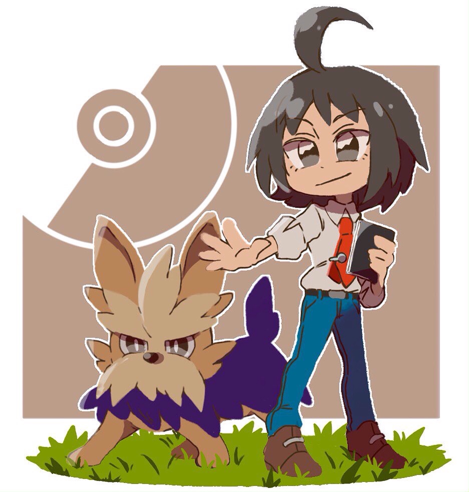 1boy ahoge black_eyes black_hair blue_fur blue_pants book brown_footwear brown_fur cheren_(pokemon) commentary deformed denim dog gen_5_pokemon grass herdier holding holding_book jeans medium_hair necktie nintendo outstretched_arm pants pokemon pokemon_(creature) pokemon_bw2 red_necktie shirt simple_background smile standing undersyaro white_shirt