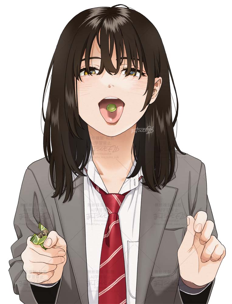 1girl candy food mattaku_mousuke simple_background tagme tongue tongue_out white_background