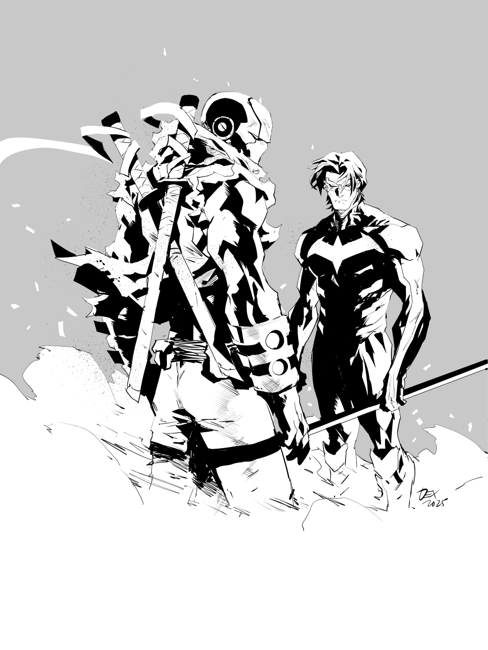 batman_(series) black_hair blue_mask bodysuit dc_comics dexter_soy dick_grayson gloves helmet highres hood jason_todd male_focus mask muscular nightwing red_hood_(dc) red_ronin_(dc) short_hair simple_background standing superhero_costume sword upper_body weapon weapon_on_back white_eyes white_hood