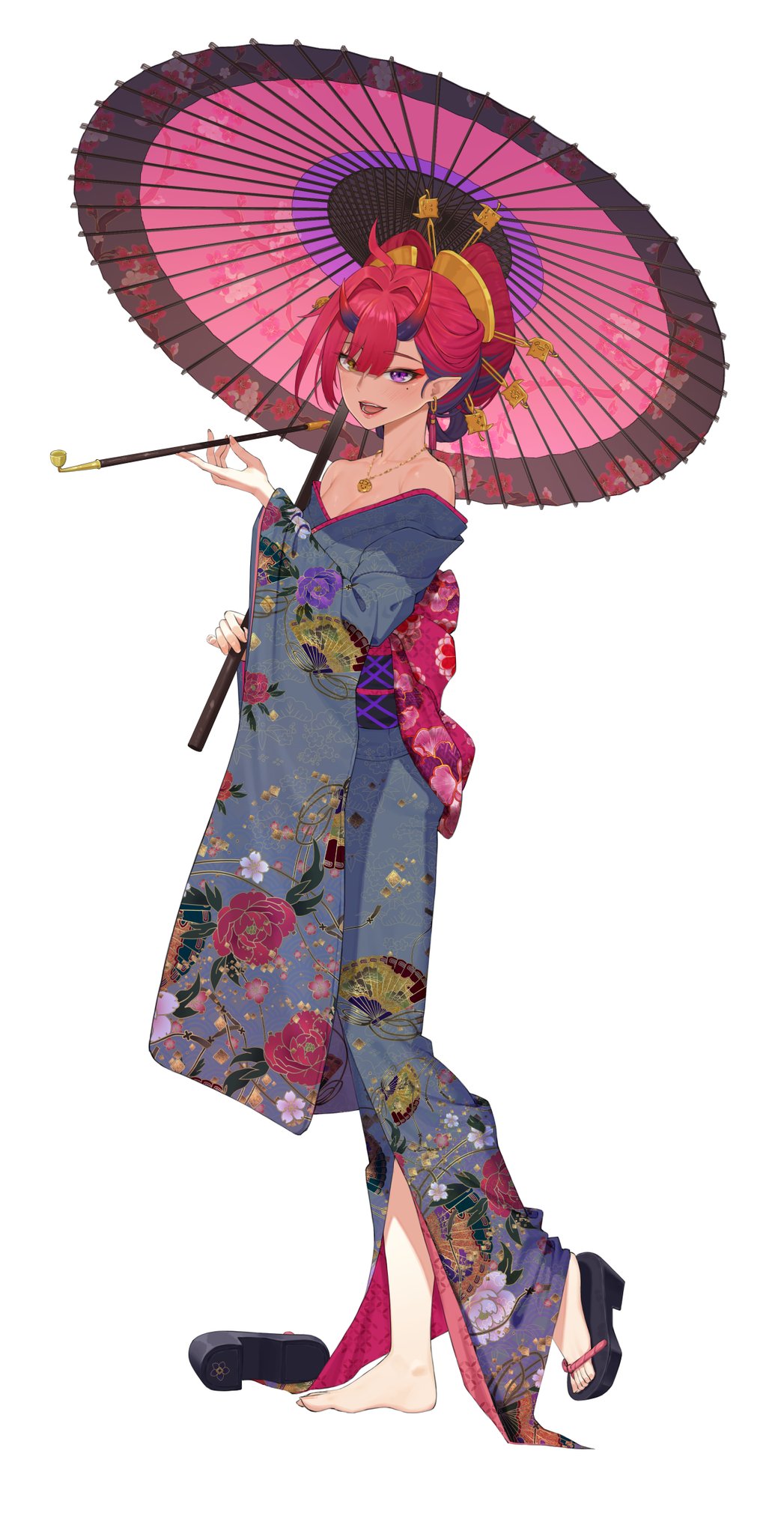 1girl bangom_r barefoot black_sandals breasts collarbone commentary_request eyelashes eyeliner feet floral_print floral_print_kimono folded_hair from_side full_body grey_kimono hair_between_eyes hair_intakes hair_ornament hands_up highres holding holding_smoking_pipe holding_umbrella horns japanese_clothes jewelry kimono korean_commentary kurenai_natsuki_(vtuber) looking_at_viewer makeup mole mole_under_eye necklace obi obijime off_shoulder oil-paper_umbrella open_mouth pink_umbrella pointy_ears print_kimono purple_eyes purple_sash red_eyeliner red_horns sandals sash side_slit simple_background single_sandal small_breasts smoking_pipe solo standing standing_on_one_leg stardays toenails toes umbrella virtual_youtuber white_background wide_sleeves