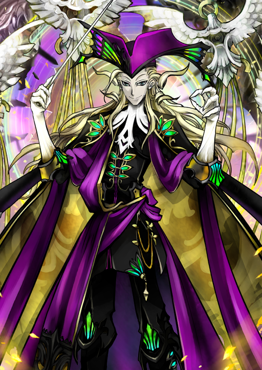 1boy bird black_cape black_jacket black_pants blonde_hair cape closed_mouth conductor_baton fate/grand_order fate_(series) feet_out_of_frame gloves green_eyes hair_slicked_back hands_up hat holding_baton jacket legs_apart long_hair looking_at_viewer male_focus official_art pants pfalz purple_hat purple_sash revision sash smile solo standing third-party_source three-quarter_sleeves variant_set white_gloves wolfgang_amadeus_mozart_(fate)