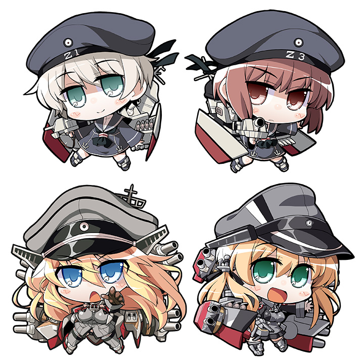 10s 4girls akaneya anchor_hair_ornament armor bare_shoulders beret bismarck_(kancolle) black_legwear blonde_hair blue_eyes bottomless breastplate breasts brown_eyes brown_hair cannon chibi clothes_writing detached_sleeves dress gloves grey_legwear hair_ornament hat kantai_collection long_hair long_sleeves medium_breasts microskirt military military_hat military_uniform multiple_girls open_mouth peaked_cap prinz_eugen_(kancolle) sailor_collar sailor_collared sailor_dress sailor_hat ship_turret short_hair silver_hair skirt smile thighhighs torpedo twintails white_gloves z1_leberecht_maass_(kancolle) z3_max_schultz_(kancolle)