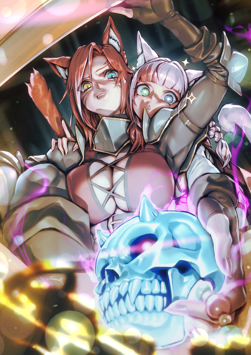 2girls animal_ears blue_eyes breasts cat_ears cat_tail commission facial_mark final_fantasy final_fantasy_xiv fingerless_gloves gloves green_eyes heterochromia highres kionaoki large_breasts long_hair miqo&#039;te multiple_girls pink_hair red_hair red_tail sabrith_ebonclaw scar scar_across_eye scar_on_face skull tail tayelle_ebonclaw warrior_of_light_(ff14) whisker_markings yellow_eyes