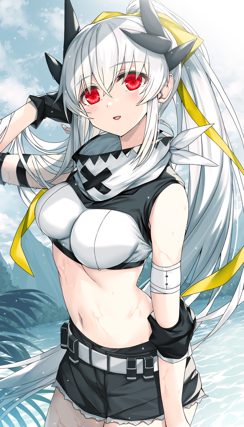 1girl blush breasts dragon_girl dragon_horns fate/grand_order fate_(series) highres horns kiyohime_(fate) kiyohime_(jurassic_dream)_(fate) kiyohime_(third_ascension)_(fate) long_hair looking_at_viewer medium_breasts morizono_shiki multiple_horns red_eyes solo thighs white_hair