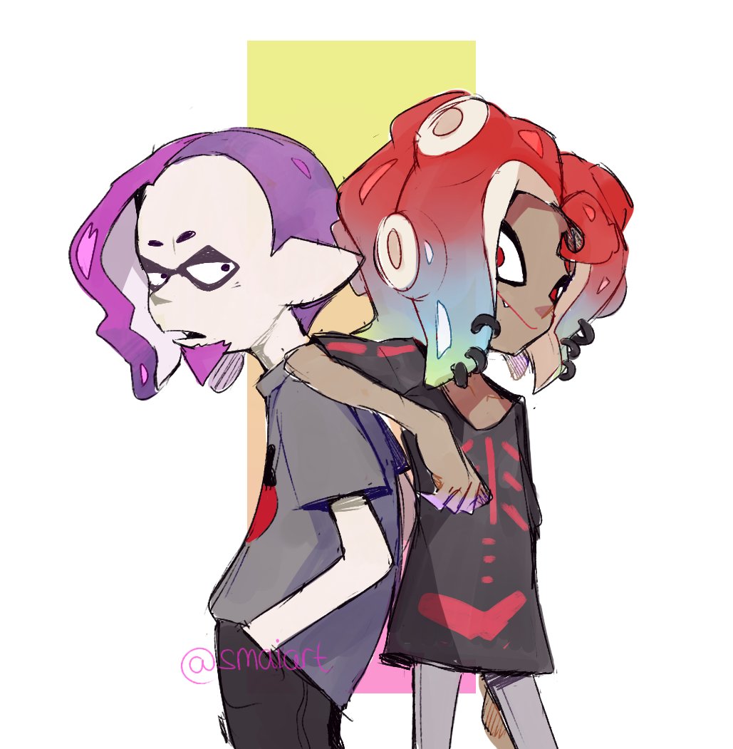 2boys arm_rest collarbone dark-skinned_male dark_skin facial_hair fang goatee hands_in_pockets quinn_(splatoon) looking_at_another looking_at_viewer male_focus multiple_boys nintendo open_mouth pointy_ears purple_hair red_eyes red_hair sami_briggs shirt skeleton_print skinny smile splatoon_(series) splatoon_2 t-shirt tentacle_hair tentacle_piercing twitter_username mashup_(splatoon)