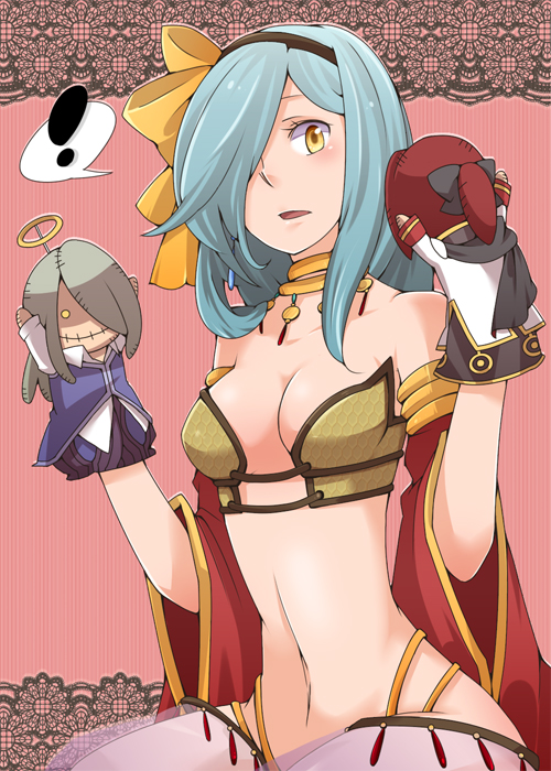 ! 1girl bikini black_hairband blue_hair bow bow_hairband breasts brown_bikini character_doll cleavage clown_(ragnarok_online) commentary_request cowboy_shot detached_sleeves gold_necklace gypsy_(ragnarok_online) hair_over_one_eye hairband hand_puppet harem_pants high_priest_(ragnarok_online) jewelry long_hair medium_breasts mere_(enya) navel necklace open_mouth pants pink_background puppet ragnarok_online red_sleeves sitting solo spoken_exclamation_mark strapless strapless_bikini swimsuit yellow_bikini yellow_bow yellow_eyes