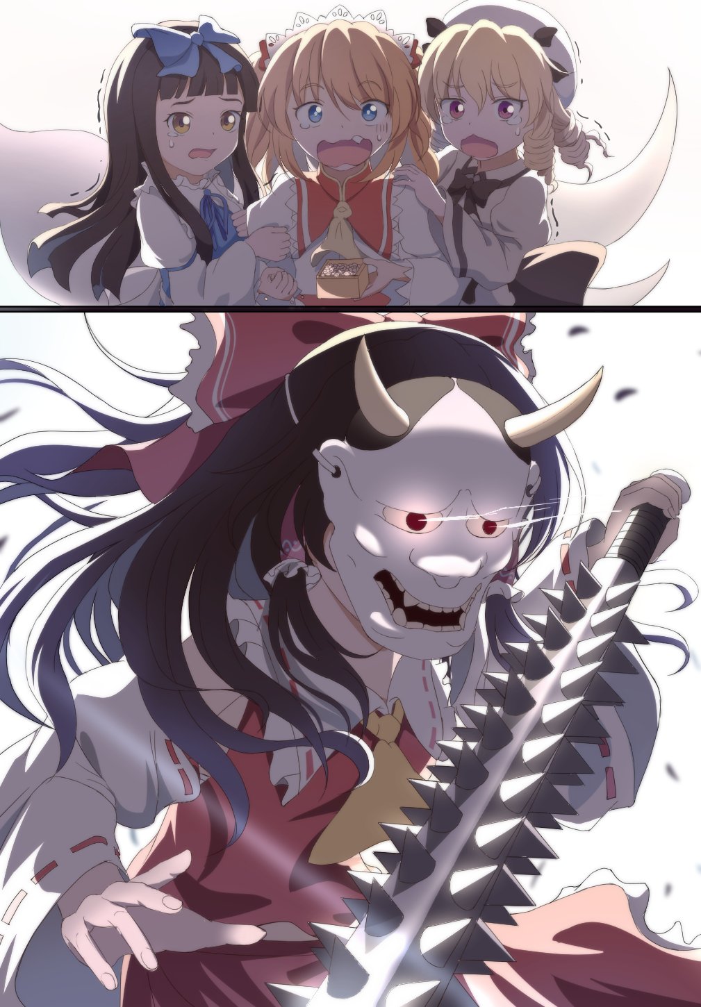 4girls ascot beans black_bow black_bowtie blonde_hair blue_dress blue_eyes blue_ribbon blunt_bangs bow bowtie brown_eyes brown_hair chitose_hachi commentary_request crying crying_with_eyes_open dress fairy_wings fang frilled_bow frills hair_bow hakurei_reimu hat highres holding holding_weapon long_hair long_sleeves luna_child mask midriff_peek multiple_girls neck_ribbon oni_mask open_mouth orange_hair red_bow red_eyes red_shirt red_skirt ribbon shirt skirt star_sapphire sunny_milk tears touhou very_long_hair weapon white_dress white_hat white_headdress white_shirt white_sleeves wide_sleeves wings yellow_ascot