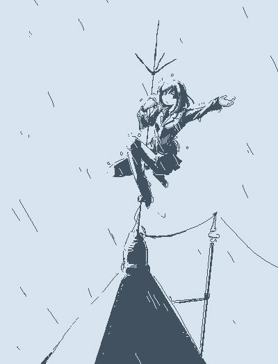 1girl arm_up attempted_suicide blazer cable closed_mouth expressionless hamsterfragment jacket lightning_rod long_sleeves looking_at_viewer medium_hair monochrome original outdoors outstretched_arm pole_dancing rain rooftop school_uniform skirt solo suicidal_girl_(hamsterfragment) wide_shot wind
