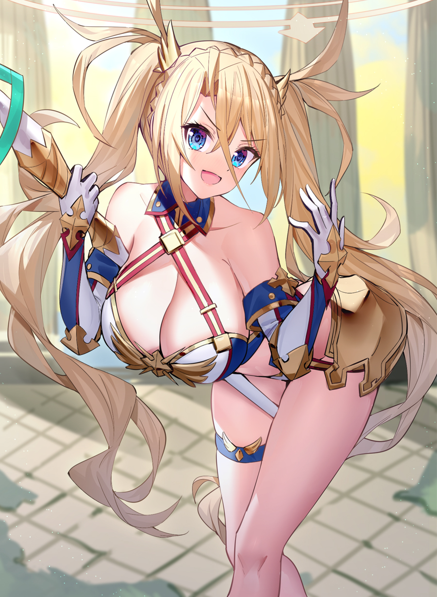 1girl :d bare_shoulders blonde_hair blue_eyes bradamante_(fate) bradamante_(third_ascension)_(fate) braid breasts cleavage collarbone commentary_request crown_braid day elbow_gloves fate/grand_order fate_(series) gloves hair_between_eyes halo highres holding large_breasts leaning_forward long_hair looking_at_viewer open_mouth outdoors pillar ririko_(zhuoyandesailaer) smile solo standing twintails v-shaped_eyebrows very_long_hair white_gloves