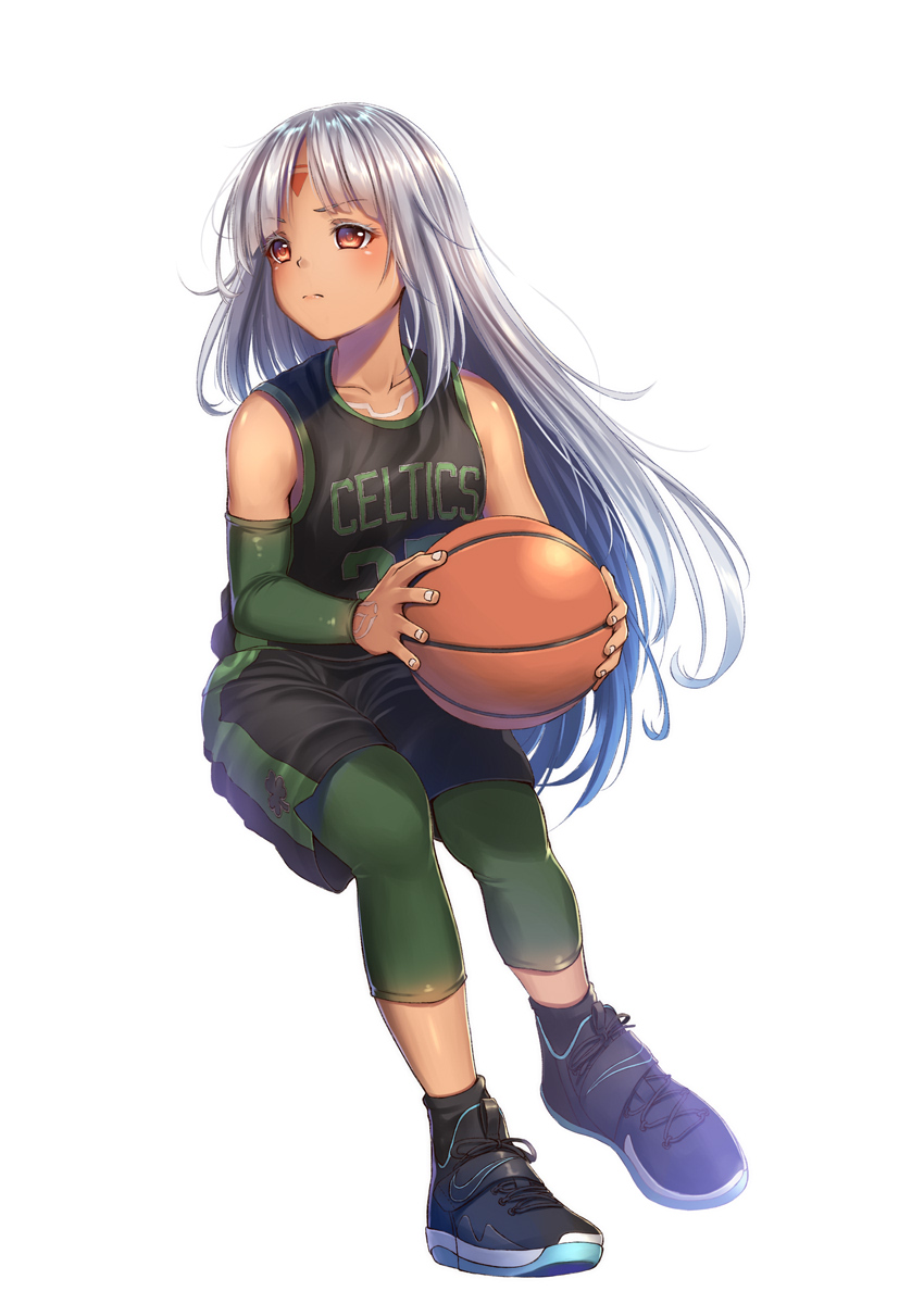 1girl azur_lane ball basketball basketball_(object) boston_celtics detached_sleeves elbow_sleeve facial_mark forehead_mark highres massachusetts_(azur_lane) name_conscious national_basketball_association nike_(company) pantyhose pantyhose_under_shorts reggie_lewis shoes shorts simple_background sneakers white_background yakkuro