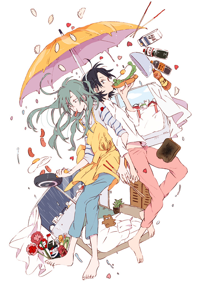 2boys ahoge apron back-to-back barefoot beach_umbrella bed black_hair blue_pants carrot chewing chopsticks dumpling eating fingernails flower food fried_egg frying_pan full_body futon green_hair grey_shirt grey_sleeves h_kawa hairband heart holding holding_chopsticks holding_food holding_frying_pan jiaozi lettuce locked_arms long_hair long_sleeves looking_at_another loose_hair_strand makishima_yuusuke male_focus midriff_peek multiple_boys pants pillow pink_flower plant potted_plant red_pants ribbon sandwich shirt short_hair simple_background three-quarter_sleeves soda_bottle striped_sleeves stuffed_animal stuffed_toy sweatpants teddy_bear toenails toudou_jinpachi umbrella v-neck white_background white_hairband white_shirt white_sleeves yaoi yellow_apron yellow_ribbon yellow_umbrella yowamushi_pedal