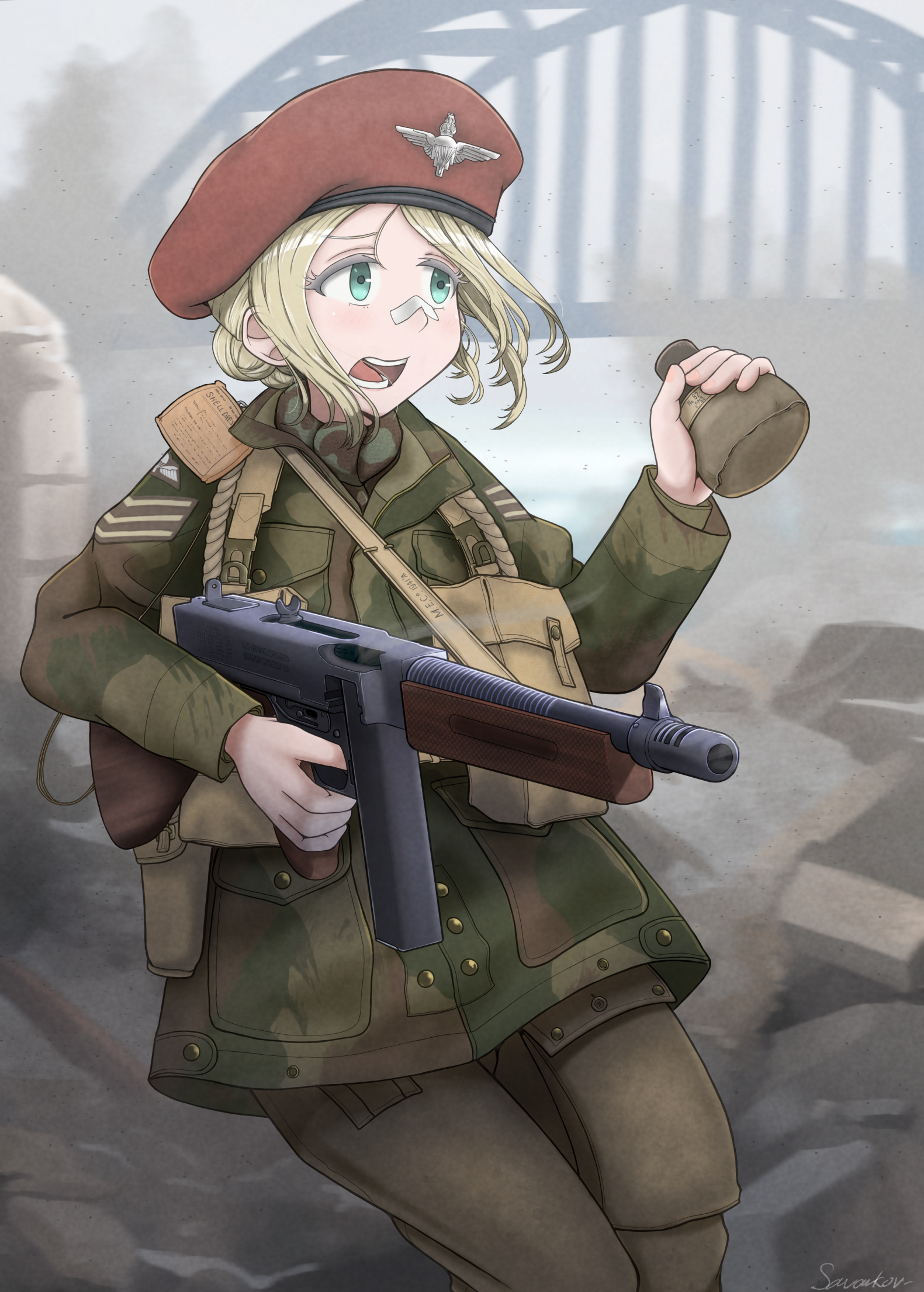 1girl airborne artist_name bandaid bandaid_on_face bandaid_on_nose beret blonde_hair blue_eyes bridge british_army debris finger_on_trigger gun hair_buns hat highres holding holding_weapon military military_uniform open_mouth original paratrooper red_hat savankov smoke smoking_barrel submachine_gun teeth thompson_submachine_gun weapon world_war_ii
