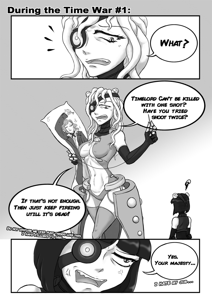 2girls ? bodysuit breasts broken_torpedo comic dalek dalek_emperor doctor_who eighth_doctor eyepatch long_hair monochrome multiple_girls personification teeth thighhighs translated