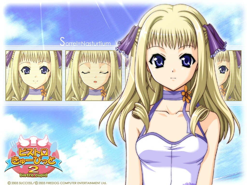 00s 1girl 2003 bistro_cupid bistro_cupid_(series) bistro_cupid_2 blonde_hair blue_eyes character_name choker copyright_name female_focus hair_intakes hair_ribbon logo long_hair official_art official_wallpaper one-piece_swimsuit pandaki_(aki) ribbon smile solo sorrel_nasturtium swimsuit white_one-piece_swimsuit