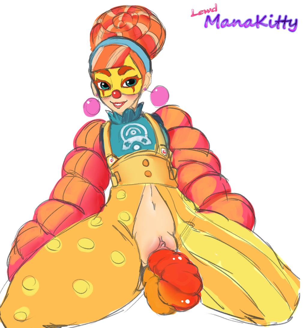 arms_(game) baggy_pants blue_eyes clitoris clown earrings fat_mons hairband jewelry lewdmanakitty lola_pop mask multicolored_hair navel nintendo object_insertion pants pussy red_nose smile spread_legs suspenders thick_thighs thighs torn_clothes torn_legwear vaginal vaginal_object_insertion