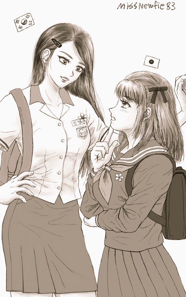 2girls backpack bag female_focus japan-korea_yuri_(meme) japanese_flag looking_at_another looking_down looking_up missnewfie monochrome multiple_girls retro_artstyle school_uniform size_difference south_korean_flag standing