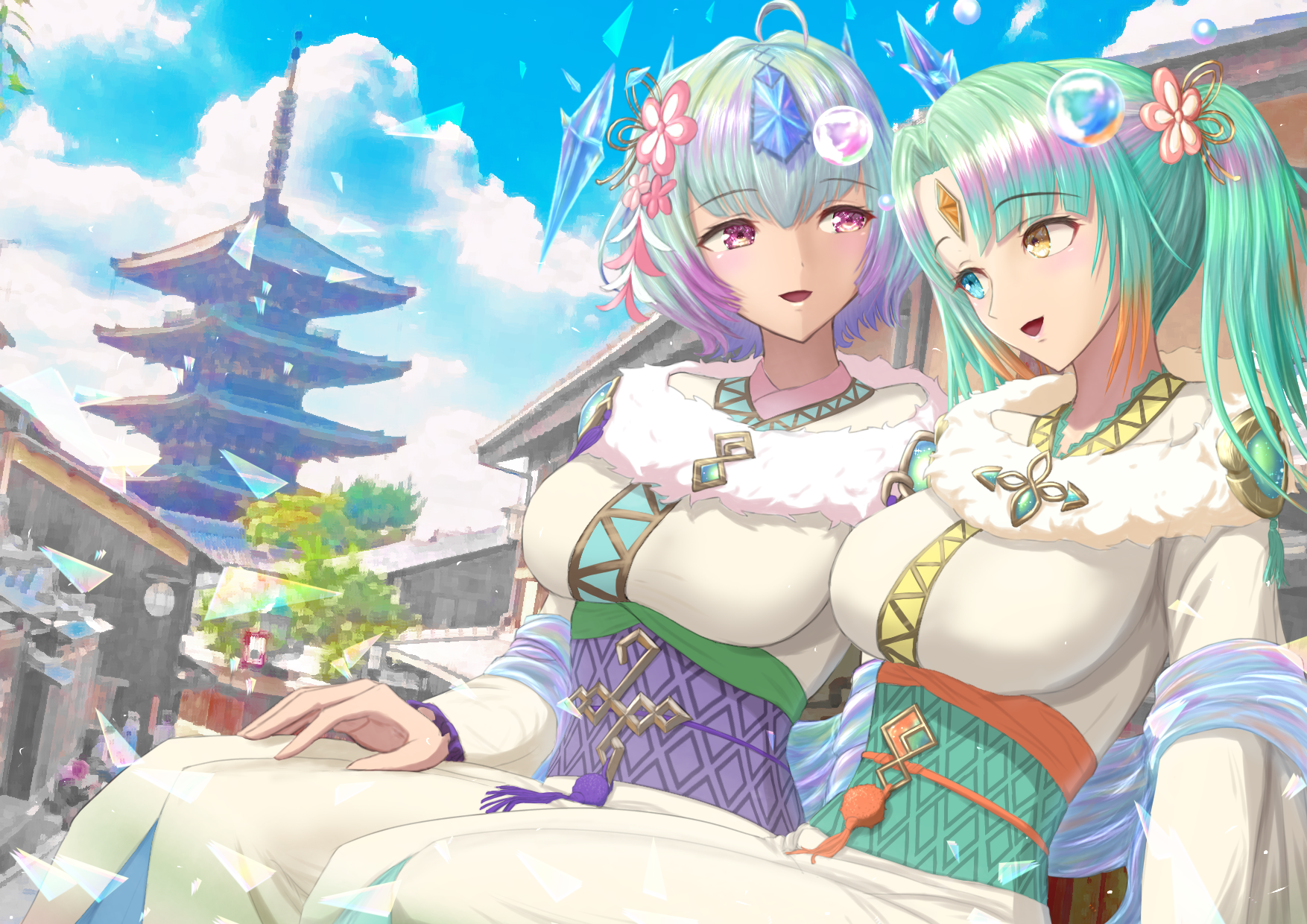 2girls :d blue_eyes blue_sky breasts cloud fire_emblem fire_emblem_heroes forehead_jewel furisode gradient_hair green_hair heidr_(fire_emblem) heidr_(new_year)_(fire_emblem) heterochromia highres japanese_clothes kimono large_breasts looking_at_another matoimangekyo multicolored_hair multiple_girls nintendo official_alternate_costume open_mouth purple_hair seidr_(fire_emblem) seidr_(new_year)_(fire_emblem) short_hair sitting sky smile twintails white_kimono yellow_eyes