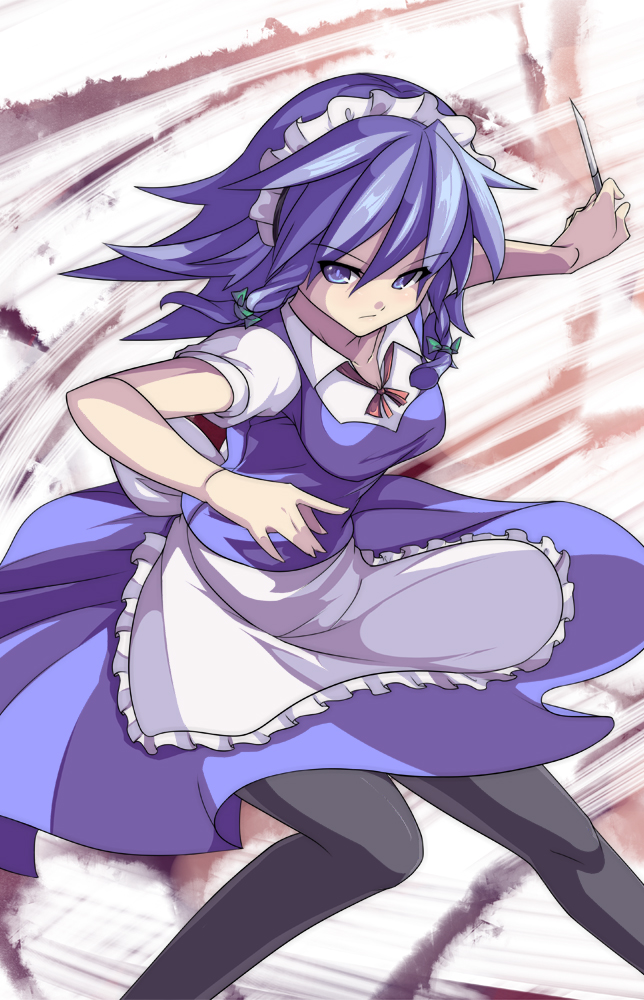 1girl blue_eyes braid breasts female_focus izayoi_sakuya knife maid maid_headdress pantyhose saiste silver_hair solo throwing_knife touhou twin_braids weapon white_background