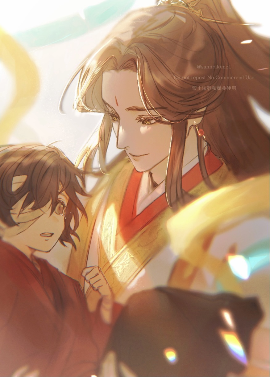 2boys aged_down bandage_over_one_eye bandages black_hair brown_eyes brown_hair carrying carrying_person child chinese_clothes closed_mouth earrings eyepatch facial_mark forehead_mark hair_ornament hanfu highres hua_cheng jewelry long_hair long_sleeves looking_at_another male_focus multiple_boys official_alternate_costume official_alternate_hairstyle open_mouth ponytail rateitigo red_hanfu shawl short_hair smile tianguan_cifu twitter_username upper_body watermark white_background white_hanfu xie_lian xie_lian_(flower_crowned_martial_god)