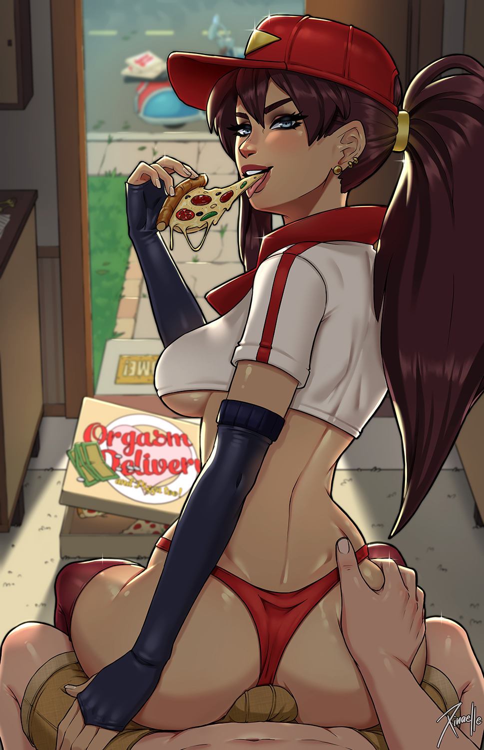 1boy 1girl black_gloves blue_eyes breasts brown_hair bulge commentary delivery door eating english_commentary fingerless_gloves food gloves hat hetero highres holding holding_food holding_pizza indoors league_of_legends medium_breasts navel panties pizza pizza_delivery_sivir pizza_slice ponytail pov red_panties shiny_skin sitting sitting_on_lap sitting_on_person sivir thong underboob underwear xinaelle