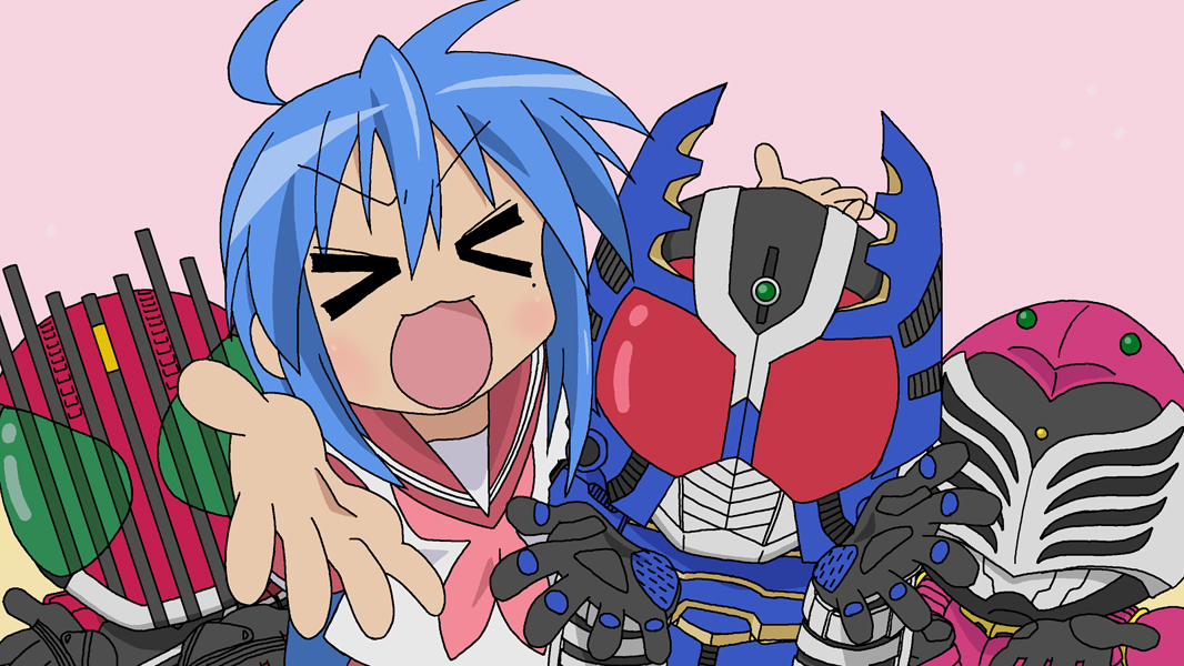 &gt;_&lt; 1girl 3boys ahoge crossover closed_eyes gangado izumi_konata kamen_rider kamen_rider_dcd kamen_rider_decade kamen_rider_gatack kamen_rider_kabuto_(series) kamen_rider_raia kamen_rider_ryuki_(series) lucky_star mole mole_under_eye motteke!_serafuku multiple_boys name_connection parody