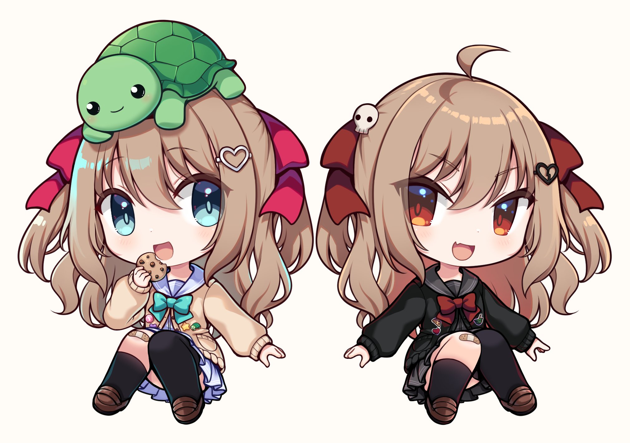2girls ahoge asymmetrical_legwear bandaid bandaid_on_knee bandaid_on_leg black_cardigan black_sailor_collar black_shirt black_skirt black_socks black_thighhighs blue_eyes blue_sailor_collar blue_skirt bow bowtie brown_footwear brown_hair buttons car cardigan chibi chibi_only commentary cookie dress_shirt english_commentary evil_neuro-sama fang food from_side full_body green_bow green_bowtie hair_between_eyes hair_ornament hair_ribbon heart heart_button heart_hair_ornament highres holding holding_cookie holding_food indie_virtual_youtuber loafers long_hair long_sleeves melon-fox motor_vehicle multiple_girls neuro-sama open_mouth pleated_skirt red_bow red_bowtie red_eyes red_ribbon ribbon sailor_collar shirt shoes simple_background single_sock single_thighhigh skin_fang skirt skull_hair_ornament smile socks star_button thighhighs uneven_legwear vedal987 virtual_youtuber white_background white_shirt yellow_car