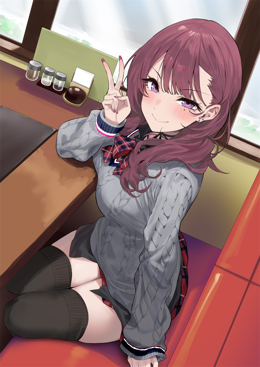 1girl black_thighhighs blush bow bowtie brown_hair cevio grey_sweater highres long_hair looking_at_viewer mole mole_under_eye natsuki_karin plaid_bow plaid_bowtie plaid_clothes plaid_skirt purple_eyes red_bow red_bowtie red_skirt sitting skirt smile solo sweater thighhighs v yappen