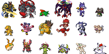 agumon alphamon alphamon_ouryuken belphemon belphemon_sleep_mode betamon bumon digimon digimon_(creature) flamon gabumon gomamon greymon gumdramon horns neo_crimson ogudomon palmon patamon piyomon plotmon simple_background sprite sprite_art strabimon tail tentomon white_background