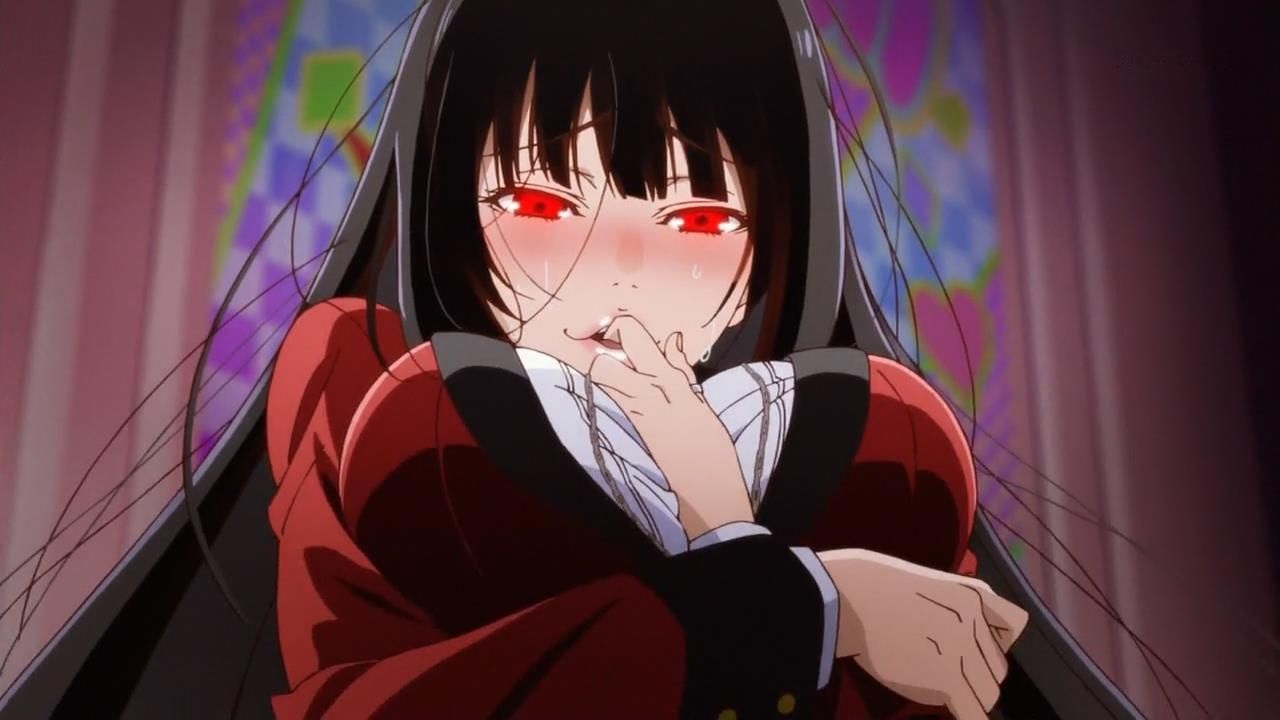 1girl anime_screenshot between_breasts blush breasts female_focus finger_in_own_mouth glowing glowing_eyes jabami_yumeko kakegurui large_breasts lips red_eyes solo sweat upper_body