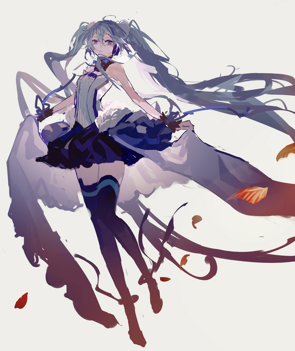 1girl ahoge anklet bare_shoulders blue_eyes blue_hair blue_skirt blue_thighhighs commentary female_focus full_body grey_background hair_ribbon hatsune_miku jewelry leaf long_hair looking_at_viewer mamenomoto open_mouth parted_lips pom_pom_(clothes) ribbon simple_background skirt sleeveless solo thighhighs twintails very_long_hair vocaloid zettai_ryouiki
