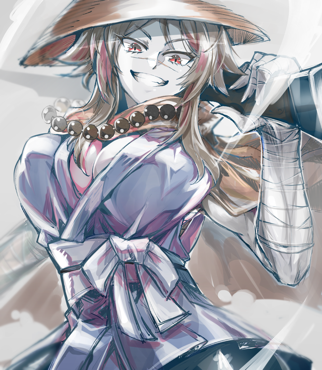 1girl ajirogasa bandaged_arm bandages bead_necklace beads breasts brown_eyes brown_hair fate/grand_order fate_(series) gun hair_between_eyes hat holding holding_gun holding_weapon japanese_clothes jewelry large_breasts looking_at_viewer necklace panda=hiro parted_bangs scar scar_on_face scar_on_nose scarf sideless_outfit smile solo sugitani_zenjubou_(fate) sugitani_zenjubou_(second_ascension)_(fate) weapon