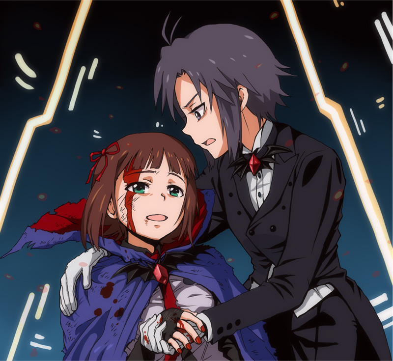 2girls amami_haruka antenna_hair bad_id bad_pixiv_id black_eyes black_hair bleeding blood brown_hair cape elbow_gloves fingerless_gloves fingernails gloves green_eyes hair_ribbon harustein idolmaster idolmaster_(classic) injury kikuchi_makoto mujin_gattai_kisaragi multiple_girls nail_polish open_mouth reverse_trap ribbon short_hair suzu-shiro white_gloves
