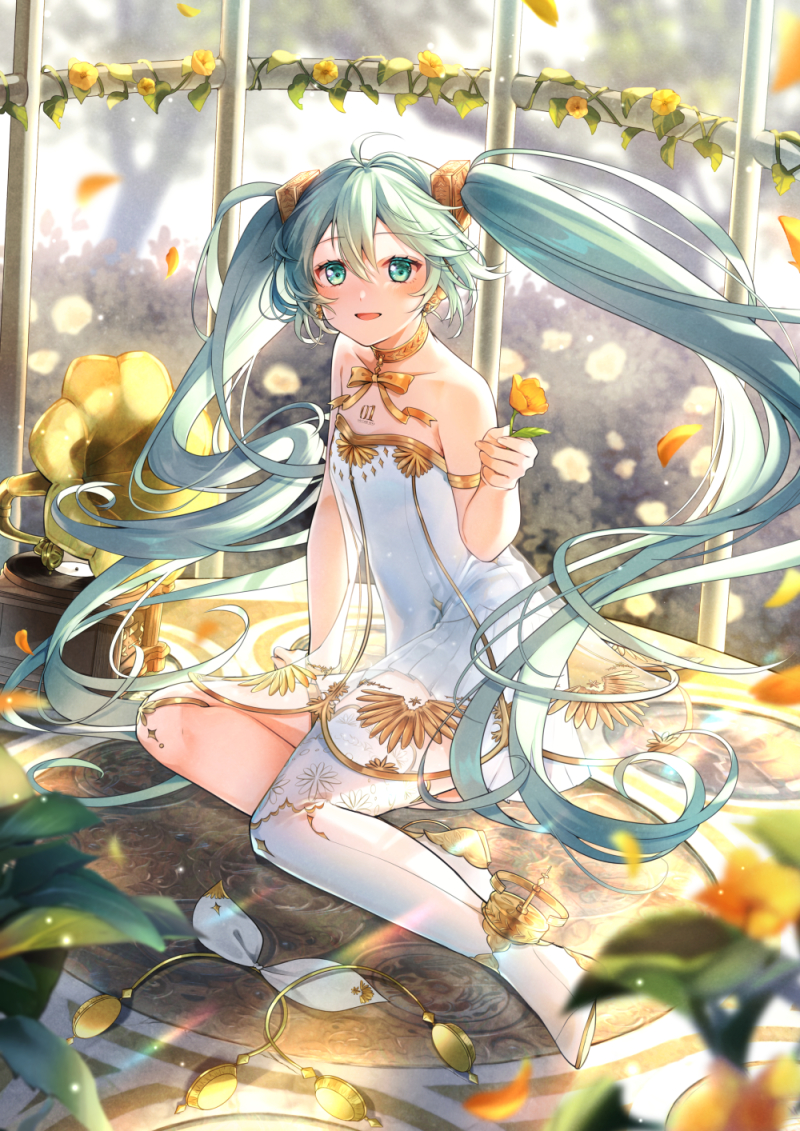 1girl :d ahoge aqua_hair blush boots cage dress flower full_body gold_choker gold_ribbon gramophone_miku green_eyes hair_between_eyes hatsune_miku headphones holding holding_flower kyashii_(a3yu9mi) looking_at_viewer miku_symphony_(vocaloid) open_mouth orange_flower petals phonograph shoes single_thigh_boot smile solo thigh_boots tongue unworn_headphones unworn_ribbon vocaloid white_dress white_footwear