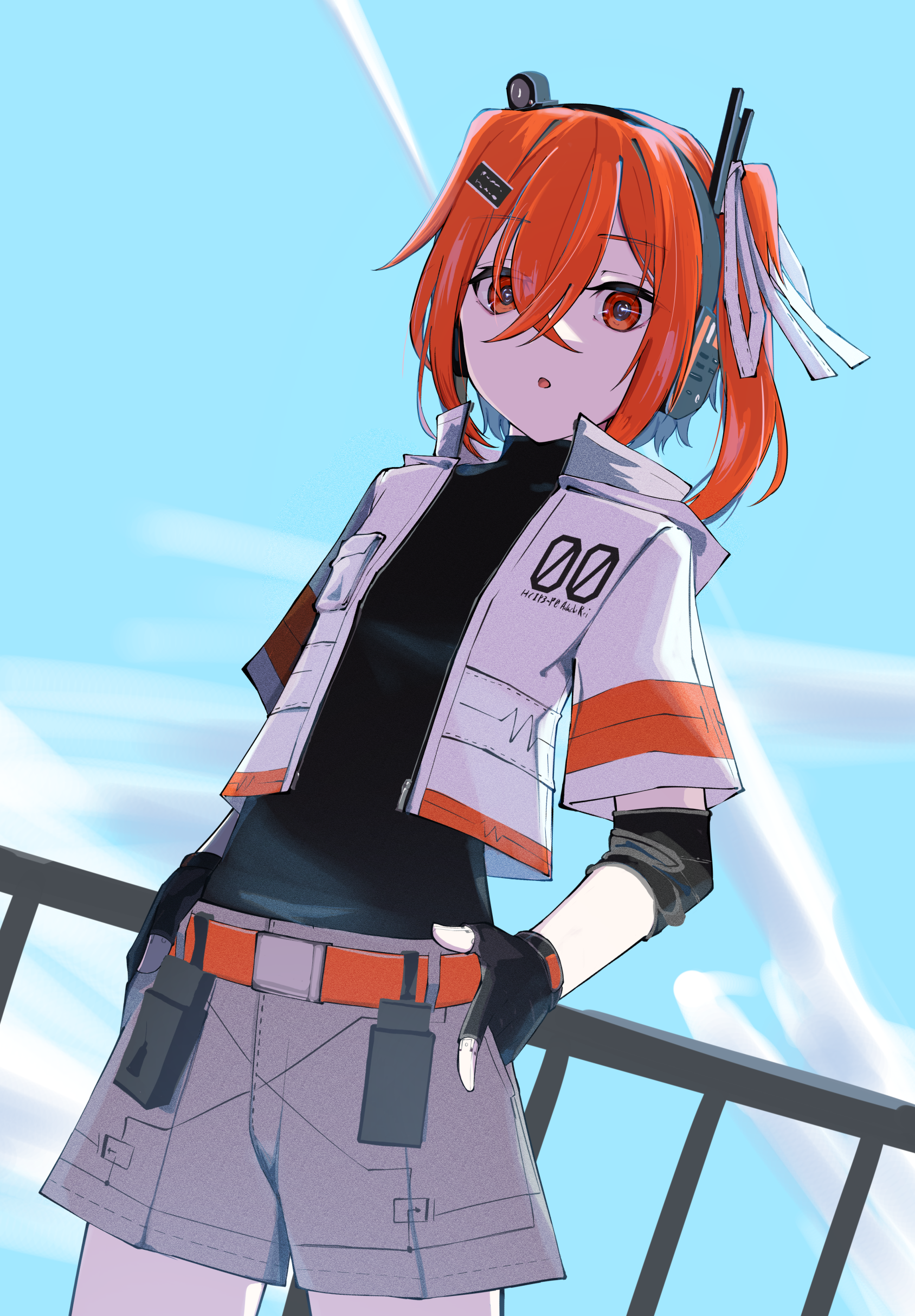 1girl a.i._voice absurdres adachi_rei adapted_costume belt belt_pouch black_shirt blue_sky cloud computer_chip contrail cowboy_shot cropped_jacket crossed_bangs day dutch_angle elbow_sleeve eye_trail fingerless_gloves gloves grey_shorts hair_between_eyes hair_ornament hair_ribbon hairclip hands_in_pockets headlamp headset highres hood hood_down hooded_jacket jacket joints lens_eye light_trail medium_hair one_side_up open_clothes open_jacket open_mouth orange_belt orange_eyes orange_hair outdoors pouch radio_antenna railing revision ribbon robot_joints shirt shirt_tucked_in short_sleeves shorts side_ponytail sky solo standing teckinder turtleneck utau white_jacket white_ribbon