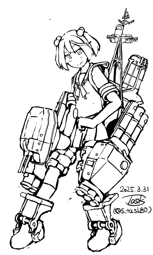 1girl adapted_turret full_body kantai_collection lineart machinery mast monochrome one-hour_drawing_challenge pleated_skirt sailor_collar sailor_shirt sazanami_(kancolle) school_uniform serafuku shirt short_hair skirt solo task_(s_task80) torpedo_launcher twintails