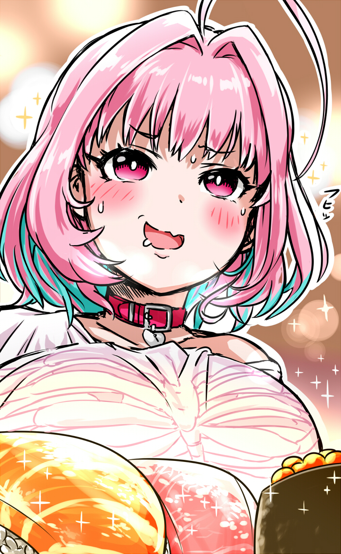 1girl :d ahoge belt_collar blue_hair blush breasts bright_pupils collar collarbone drooling fang fish_(food) food gunkanmaki hair_intakes huge_ahoge idolmaster idolmaster_cinderella_girls large_breasts multicolored_hair nigirizushi off_shoulder open_mouth outline pink_eyes pink_hair red_collar saliva short_hair single_bare_shoulder skeleton_print skin_fang smile solo sparkle sushi sweat torako_(toramaru) two-tone_hair white_outline white_pupils yumemi_riamu