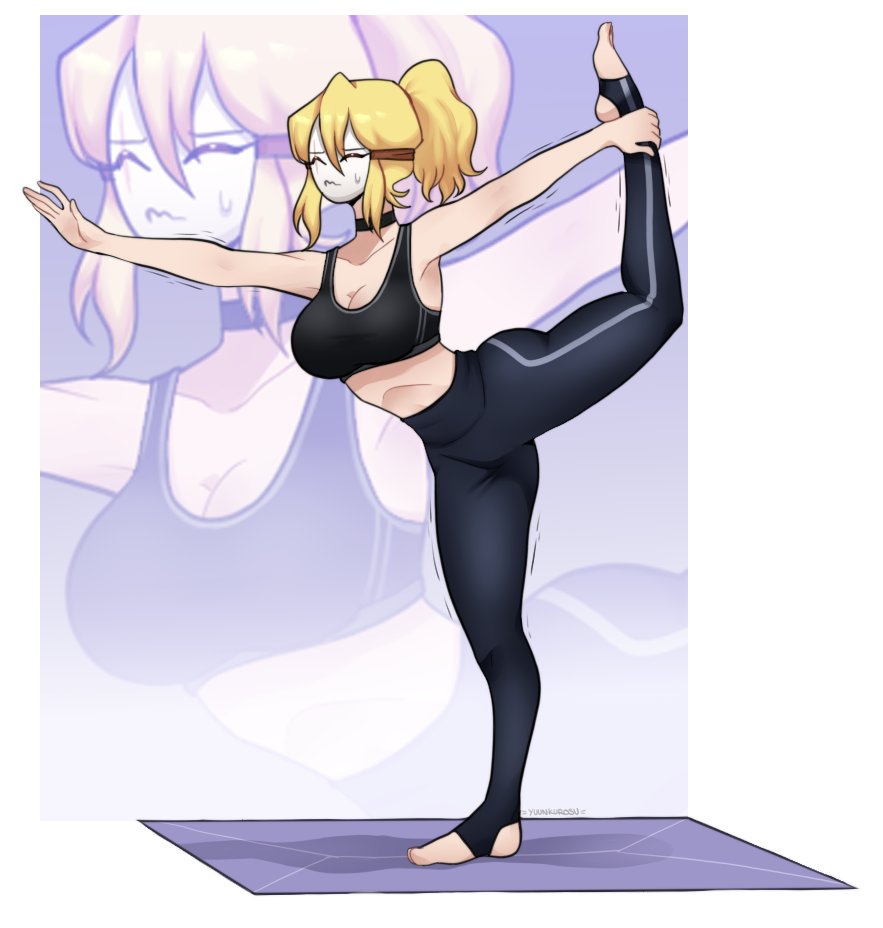1girl 2023 alternate_costume ankle_grab artist_name ass black_choker black_pants blonde_hair borrowed_character breasts choker cleavage closed_eyes commentary commission english_commentary exercising flexible full_body hair_over_one_eye large_breasts locket_white_(bakalorin) mario_(series) midriff nintendo original outstretched_arm pants plantar_flexion ponytail pout shy_gal signature simple_background sports_bra standing standing_on_one_leg stirrup_legwear sweatdrop swept_bangs tight_clothes tight_pants toeless_legwear trembling white_mask yoga_pants yuunkurosu zoom_layer