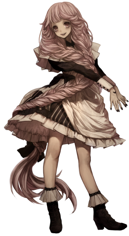 1girl ankle_boots apron black_boots black_bow black_dress black_nails boots bow braid dress fingernails frilled_dress frills front_braid full_body hair_bow hand_tattoo long_hair long_sleeves looking_at_viewer maid open_mouth original pink_hair sakauchi_waka simple_background smile solo standing tattoo very_long_hair white_apron white_background