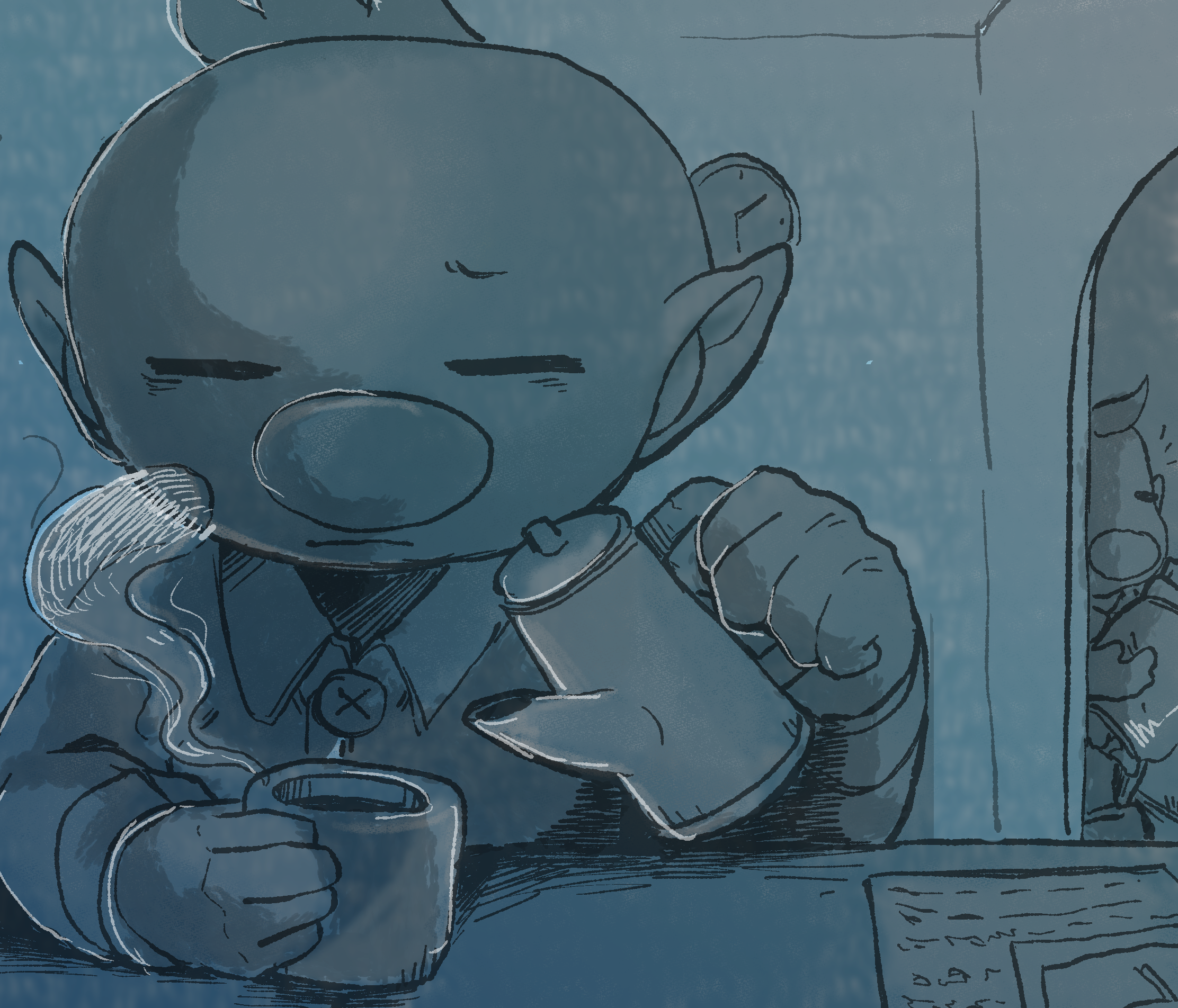 2boys alternate_costume analog_clock arch arm_on_table bags_under_eyes big_nose blue_theme buttons casual clock closed_eyes closed_mouth collared_shirt cup doorway frown full_body furrowed_brow highres holding holding_cup iat-418 indoors long_sleeves louie_(pikmin) male_focus monochrome mug multiple_boys nintendo notice_lines olimar pants paper pikmin_(series) pointy_ears pouring shirt shoes short_hair sitting solo_focus steam teapot upper_body very_short_hair worried