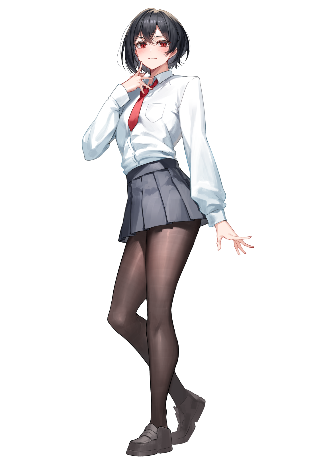 1girl black_hair black_pantyhose finger_to_cheek highres light_blush looking_at_viewer necktie original pantyhose pleated_skirt red_eyes red_necktie shirt short_hair skirt smile solo white_background white_shirt yamanokami_eaka