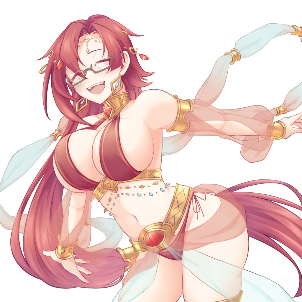 1girl :d altheavin breasts choker closed_eyes dancer detached_sleeves earrings gem glasses jewelry labyrista_(princess_connect!) large_breasts long_hair navel open_mouth princess_connect! red_hair revealing_clothes see-through_clothes see-through_sleeves semi-rimless_eyewear smile solo thighlet under-rim_eyewear very_long_hair white_background