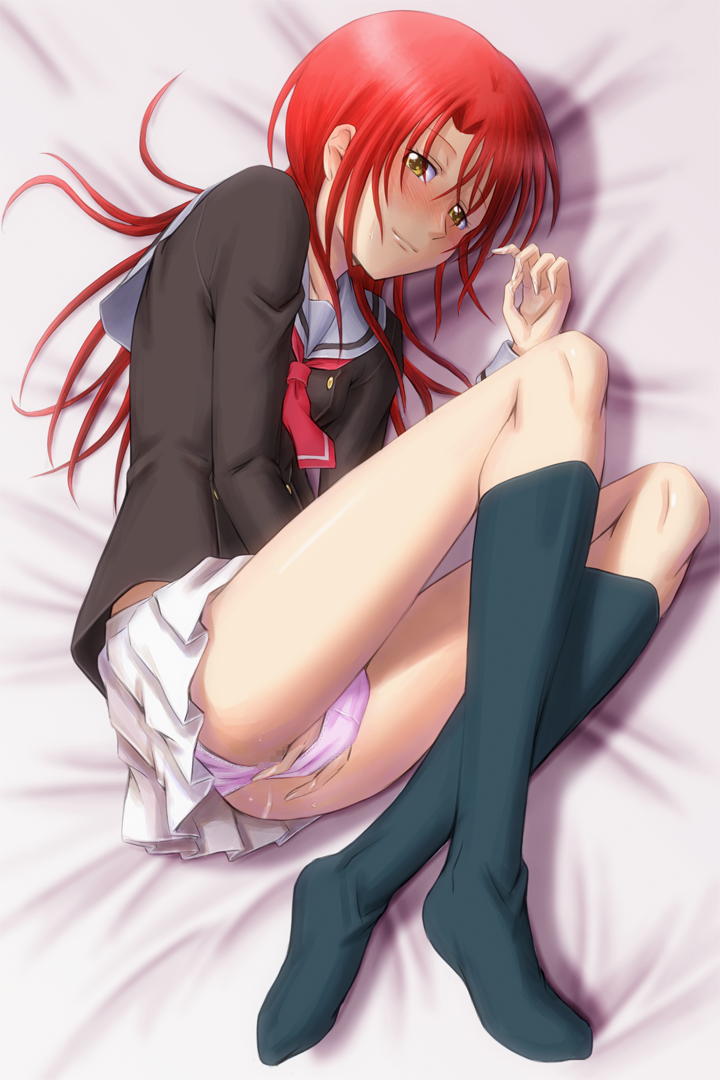 1girl bed_sheet black_shirt black_socks blush bonnie_(rsg) brown_eyes closed_mouth commentary_request female_masturbation from_above full_body hand_in_panties hino_kahoko la_corda_d&#039;oro long_hair looking_at_viewer lying masturbation miniskirt neckerchief on_side panties pink_panties pleated_skirt pussy_juice red_hair red_neckerchief sailor_collar sailor_shirt school_uniform serafuku shirt skirt smile socks solo underwear white_sailor_collar white_skirt