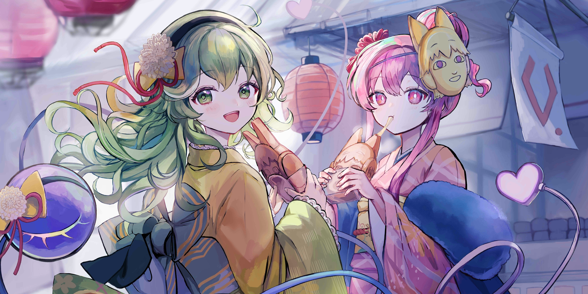 2girls :d alternate_costume black_hairband commentary daifuku eating english_commentary expressionless food food_request green_eyes green_hair hair_bun hairband hata_no_kokoro highres holding holding_food japanese_clothes kimono komeiji_koishi lantern long_hair long_sleeves looking_at_viewer looking_back mask mask_on_head multiple_girls new_mask_of_hope obi official_art open_mouth paper_lantern pink_eyes pink_hair pink_kimono pipi_(pipinavigation) sash sidelocks smile taiyaki third-party_source third_eye touhou touhou_lostword upper_body wagashi wide_sleeves yellow_kimono